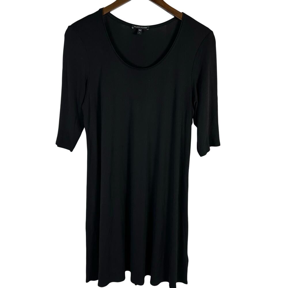 Eileen Fisher‎ Black Stretch Silk Elbow Sleeve Tunic Dress L Minimalist Capsule